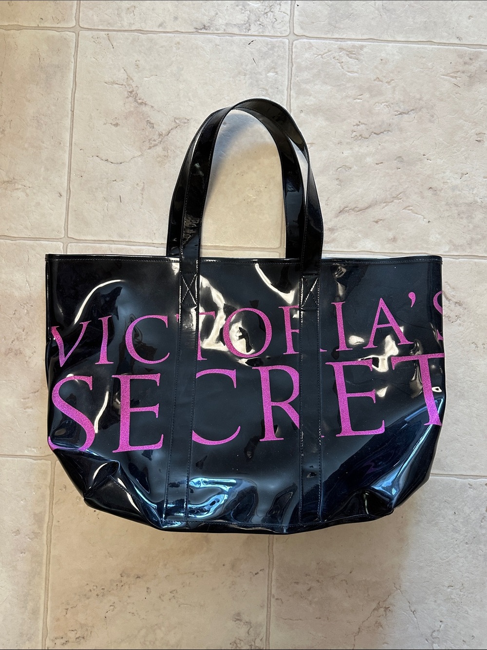 Victoria's Secret Black Patent Tote with Pink Logo Letters